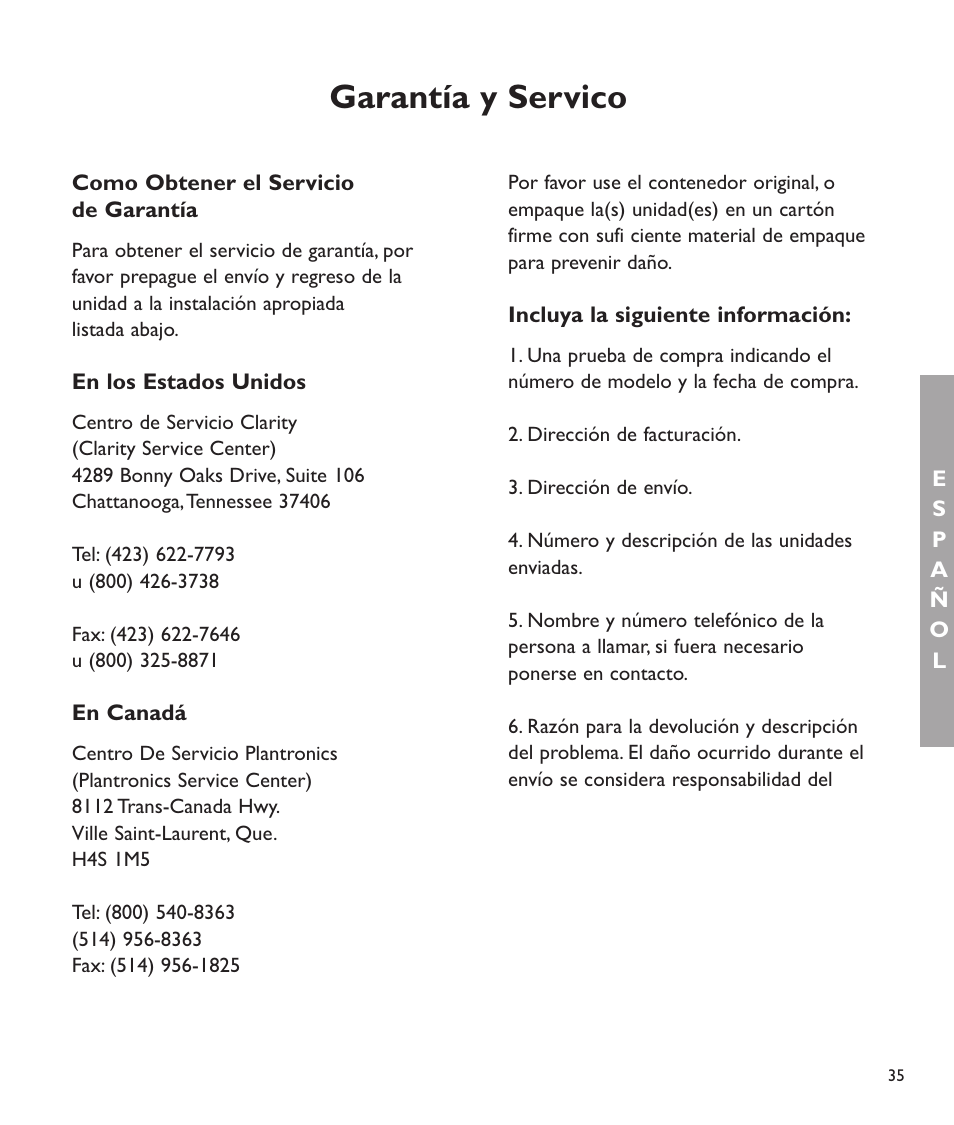 Garantía y servico | Clarity C2210 User Manual | Page 68 / 102