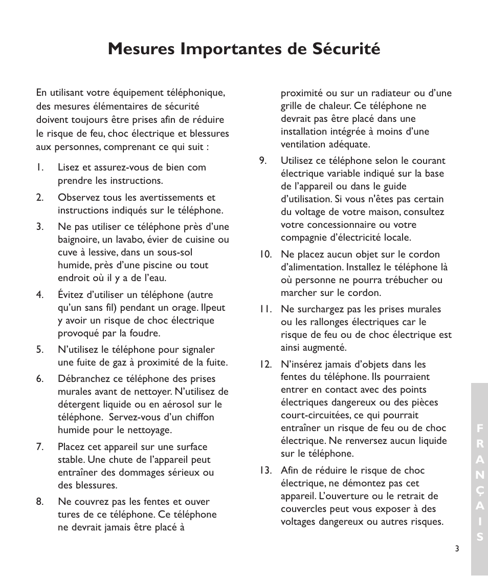 Mesures importantes de sécurité | Clarity C2210 User Manual | Page 72 / 102
