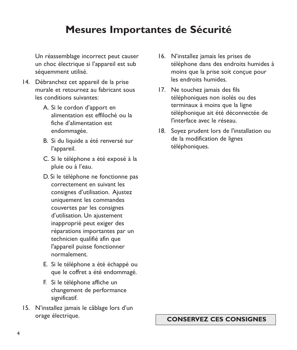 Mesures importantes de sécurité | Clarity C2210 User Manual | Page 73 / 102