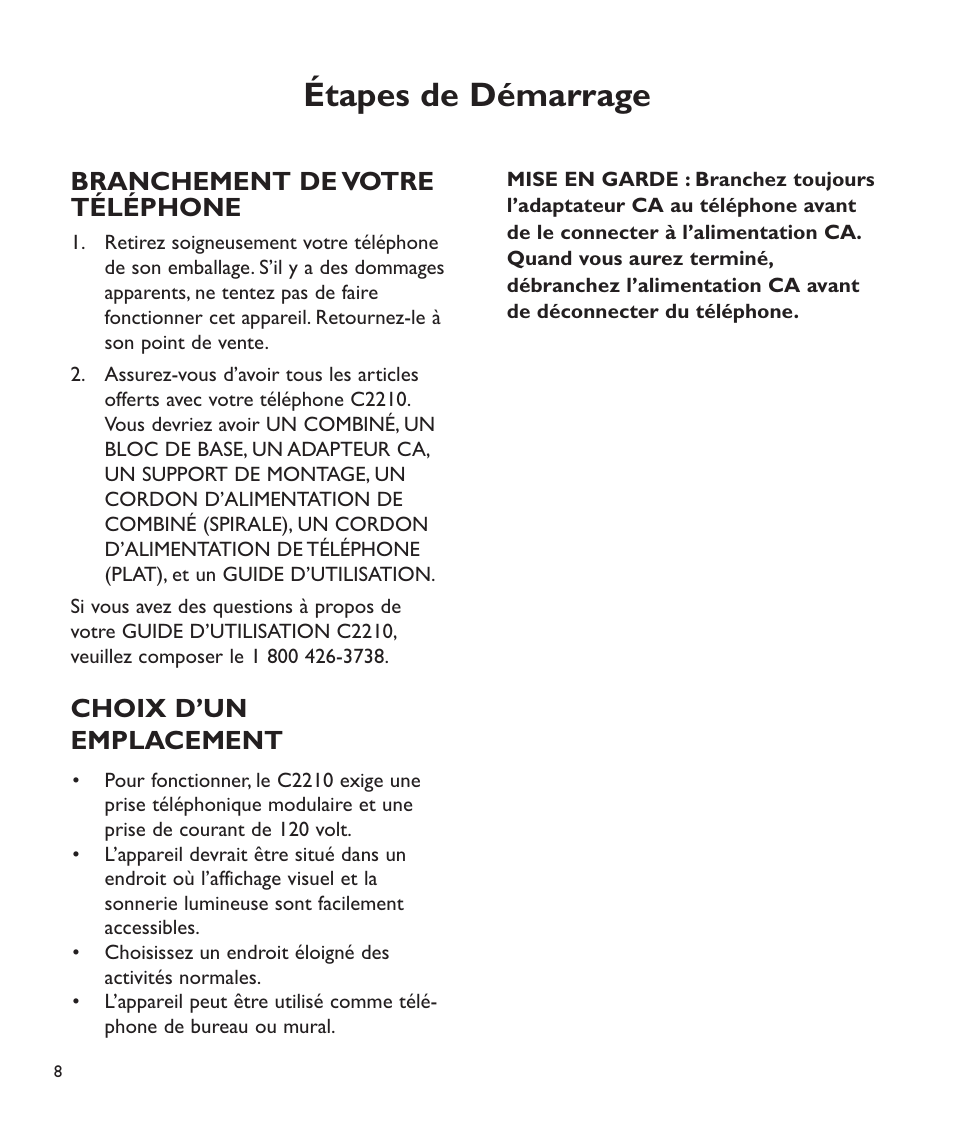 Étapes de démarrage, Branchement de votre téléphone, Choix d’un emplacement | Clarity C2210 User Manual | Page 77 / 102