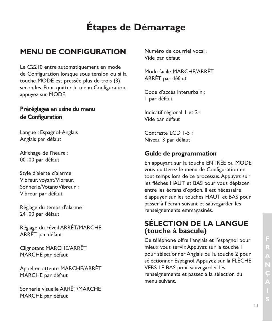 Étapes de démarrage, Sélection de la langue (touche à bascule), Menu de configuration | Clarity C2210 User Manual | Page 80 / 102
