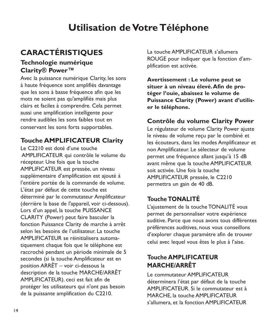 Utilisation de votre téléphone, Caractéristiques | Clarity C2210 User Manual | Page 83 / 102