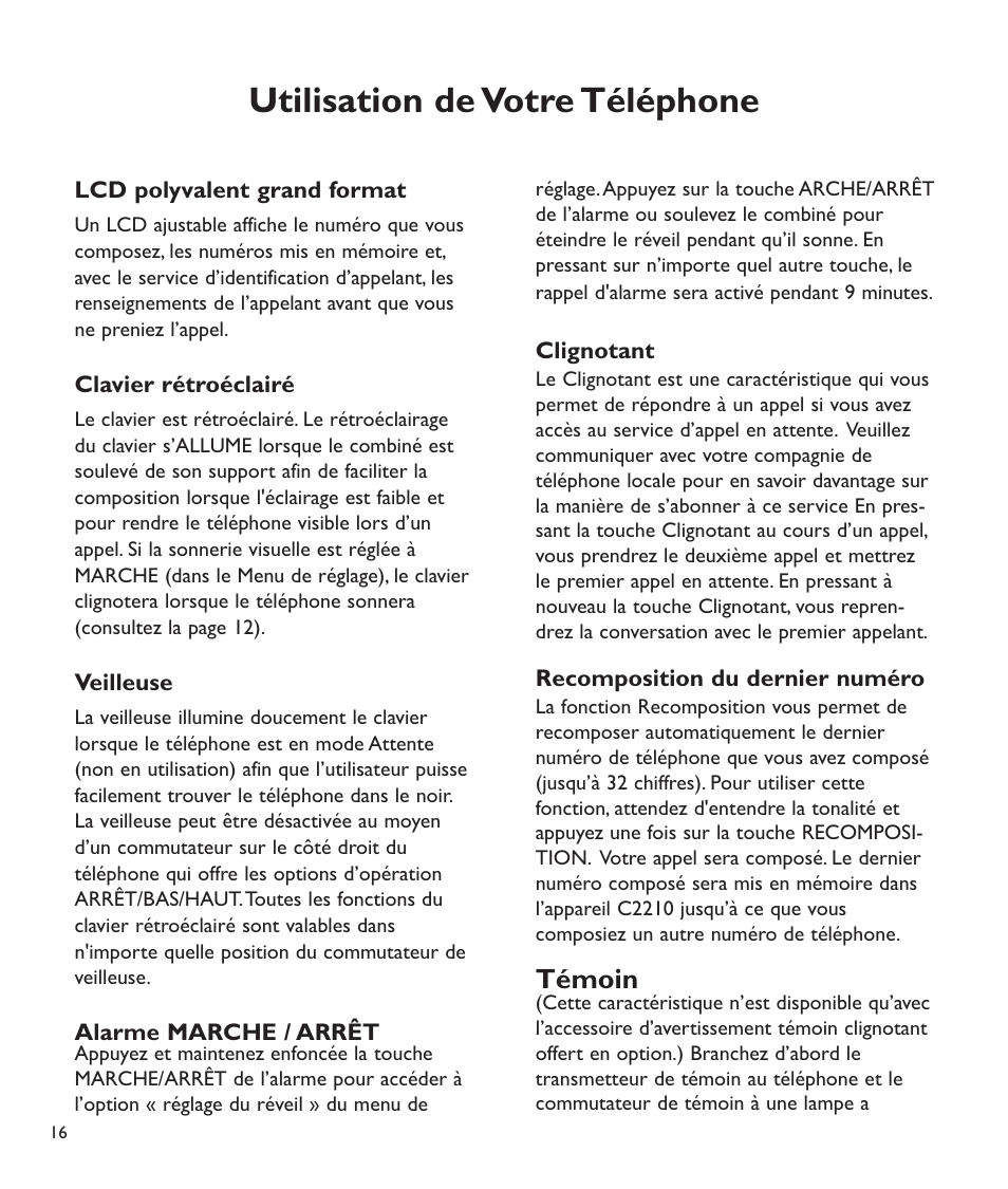 Utilisation de votre téléphone, Témoin | Clarity C2210 User Manual | Page 85 / 102
