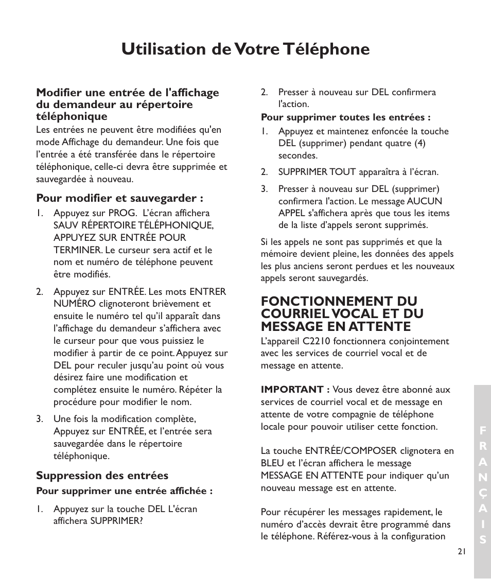 Utilisation de votre téléphone | Clarity C2210 User Manual | Page 90 / 102