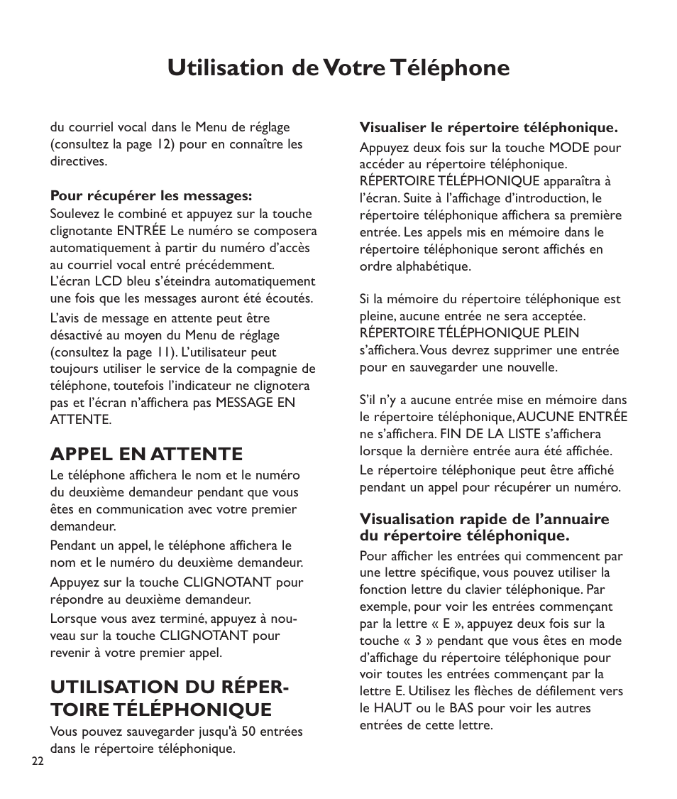 Utilisation de votre téléphone, Appel en attente, Utilisation du réper- toire téléphonique | Clarity C2210 User Manual | Page 91 / 102