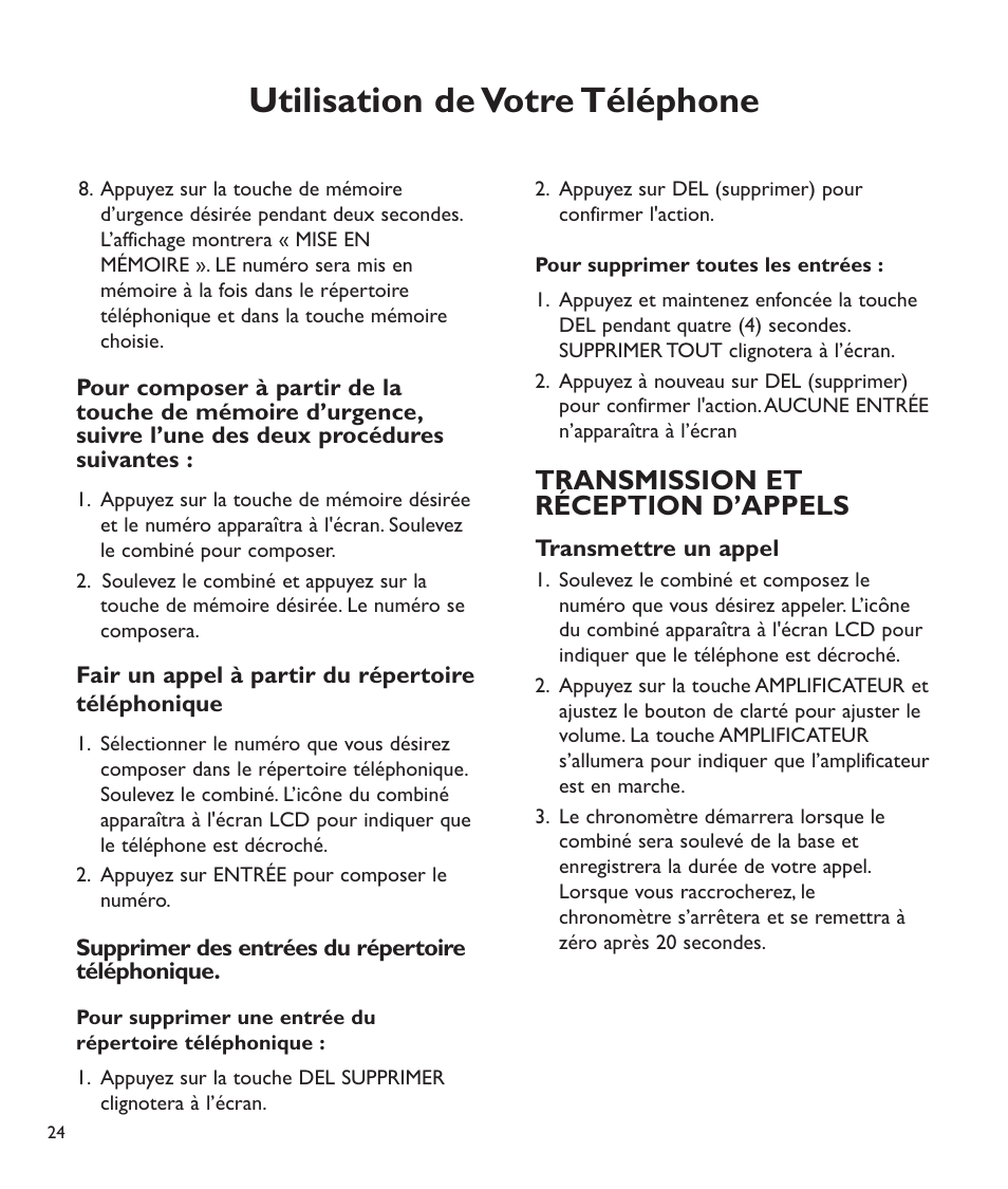Utilisation de votre téléphone, Transmission et réception d’appels | Clarity C2210 User Manual | Page 93 / 102