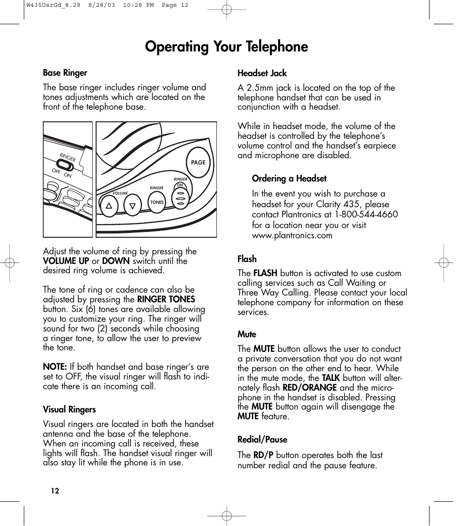 Operating your telephone | Clarity 435 User Manual | Page 12 / 76