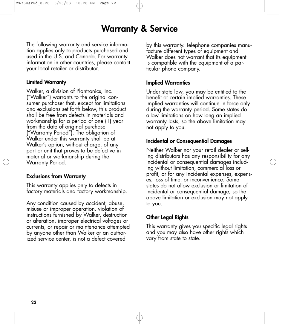 Warranty & service | Clarity 435 User Manual | Page 22 / 76