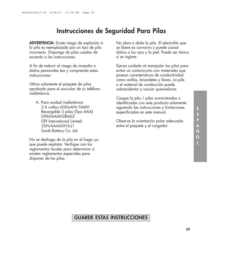 Instrucciones de seguridad para pilas, Guarde estas instrucciones | Clarity 435 User Manual | Page 29 / 76