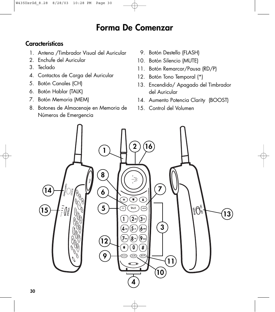 Forma de comenzar, Características | Clarity 435 User Manual | Page 30 / 76