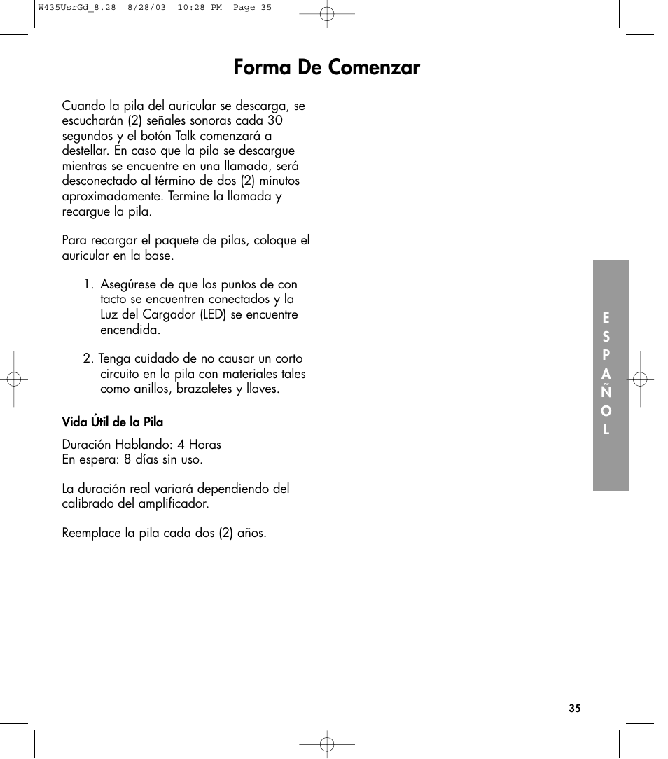 Forma de comenzar | Clarity 435 User Manual | Page 35 / 76