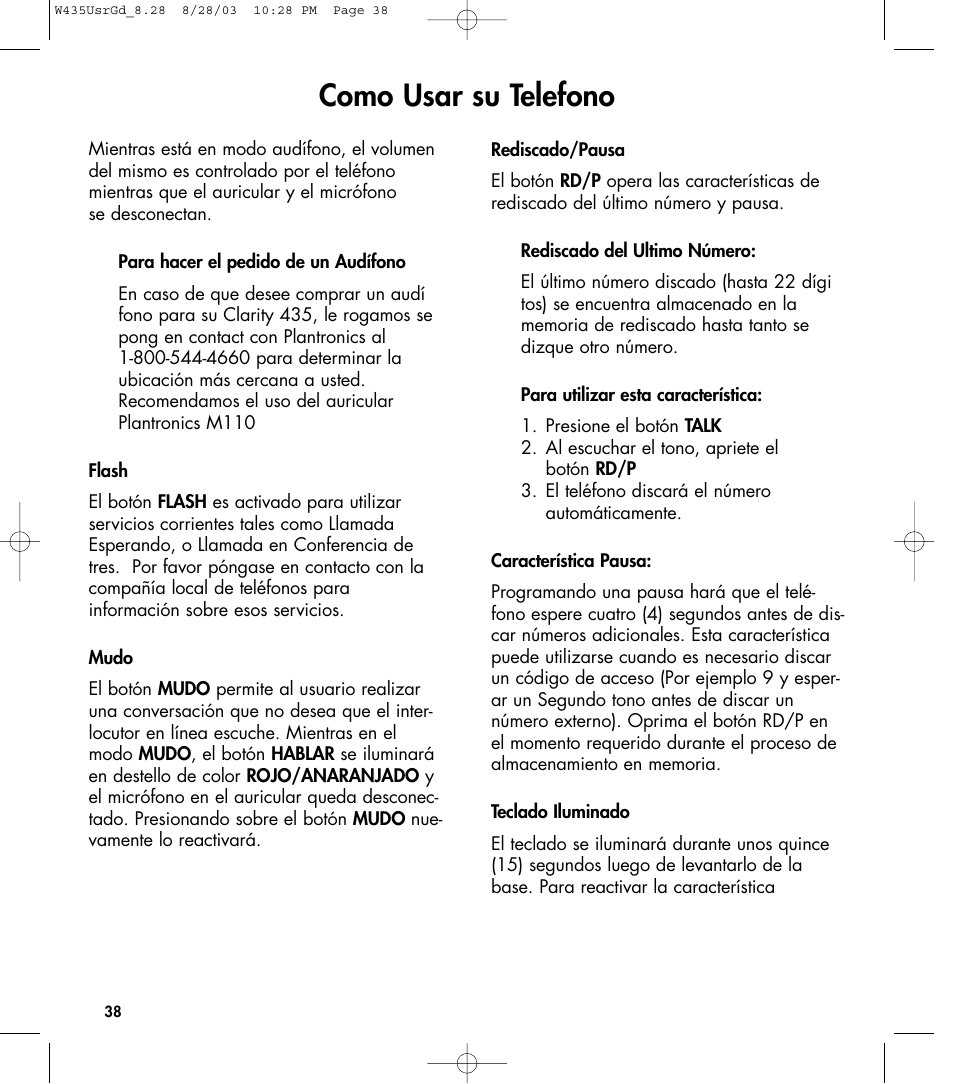 Como usar su telefono | Clarity 435 User Manual | Page 38 / 76