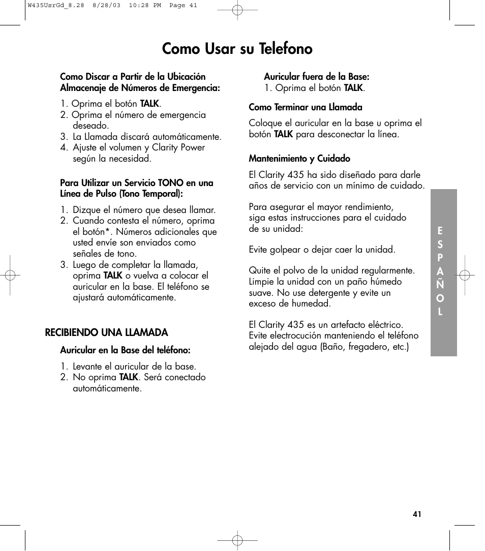 Como usar su telefono | Clarity 435 User Manual | Page 41 / 76