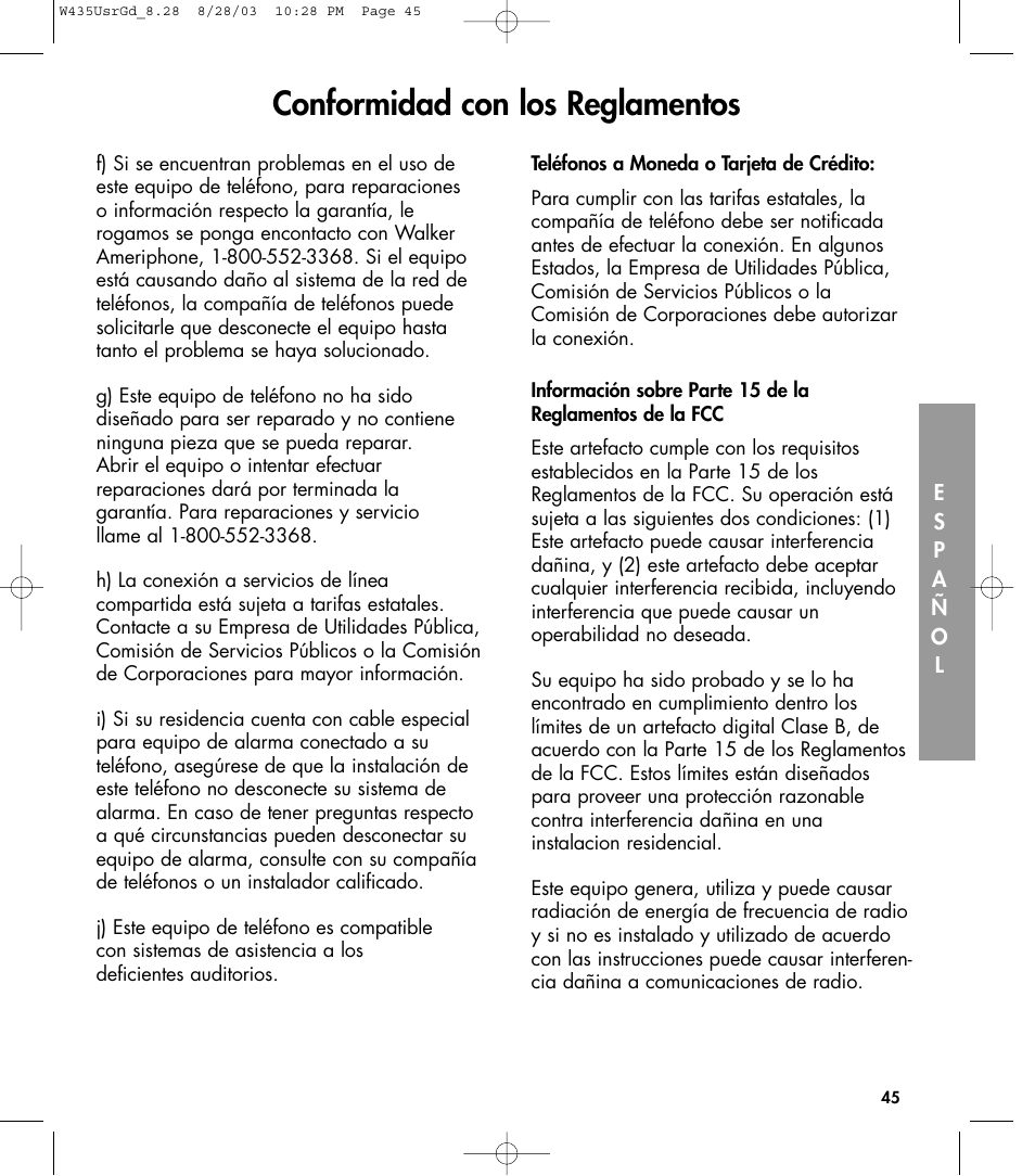 Conformidad con los reglamentos | Clarity 435 User Manual | Page 45 / 76