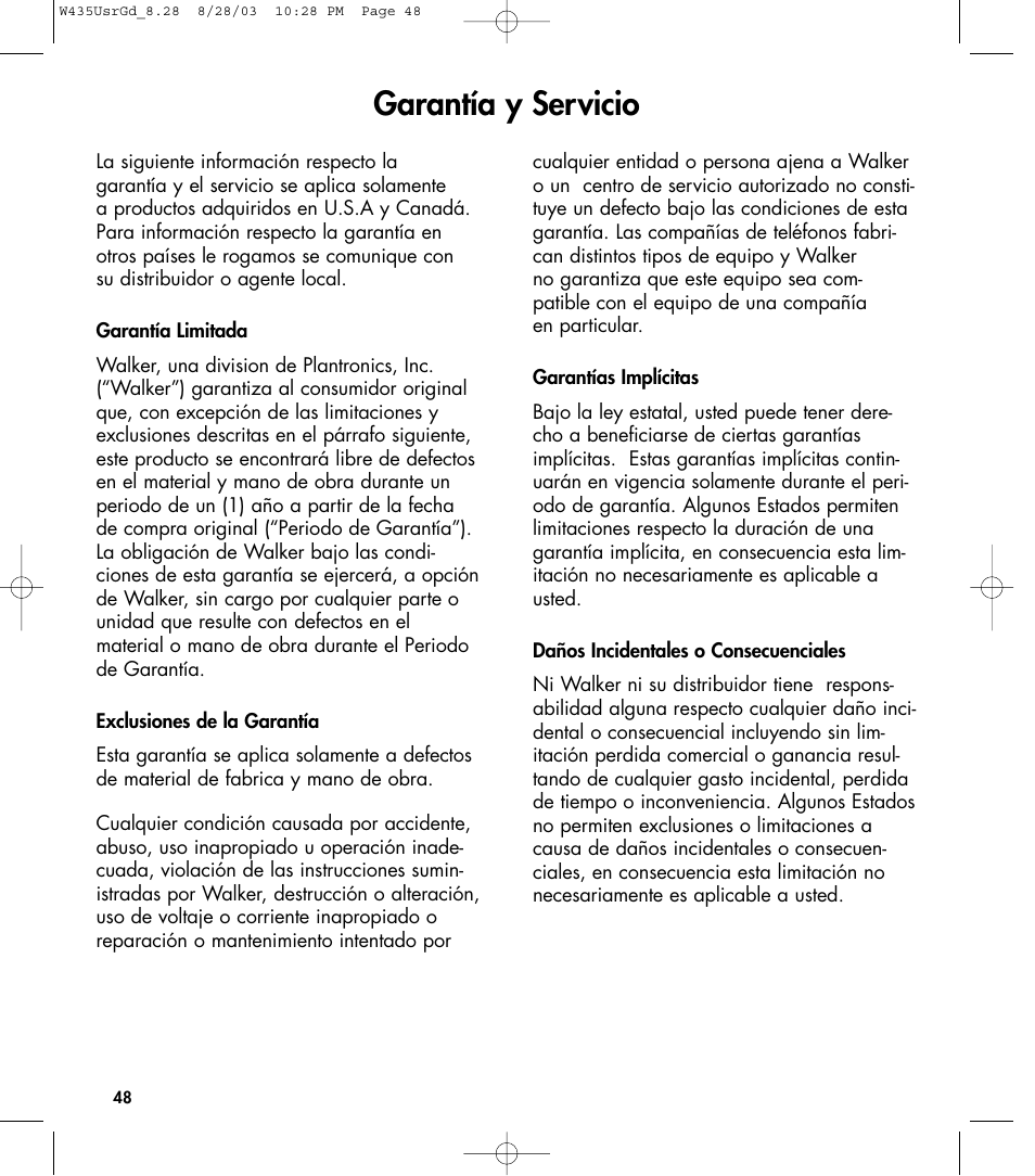 Garantía y servicio | Clarity 435 User Manual | Page 48 / 76