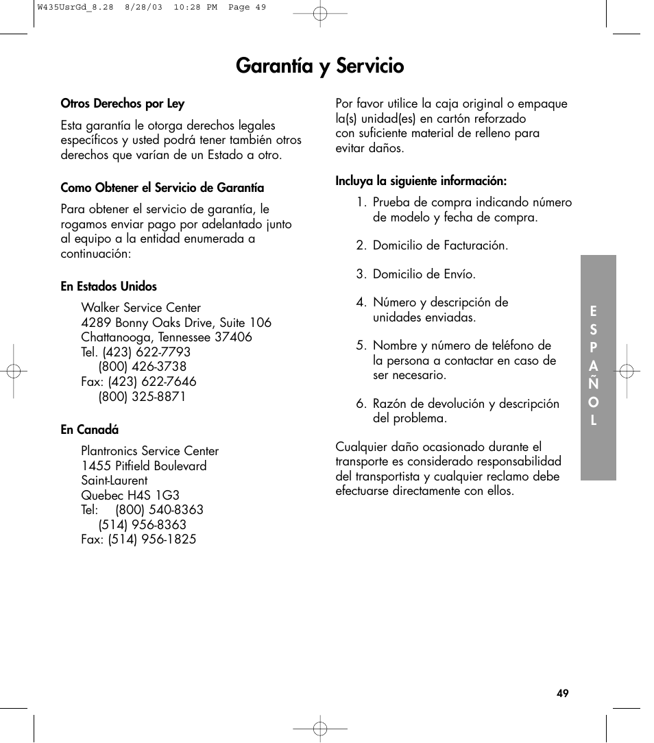 Garantía y servicio | Clarity 435 User Manual | Page 49 / 76