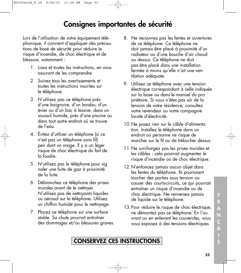 Consignes importantes de sécurité, Conservez ces instructions | Clarity 435 User Manual | Page 53 / 76