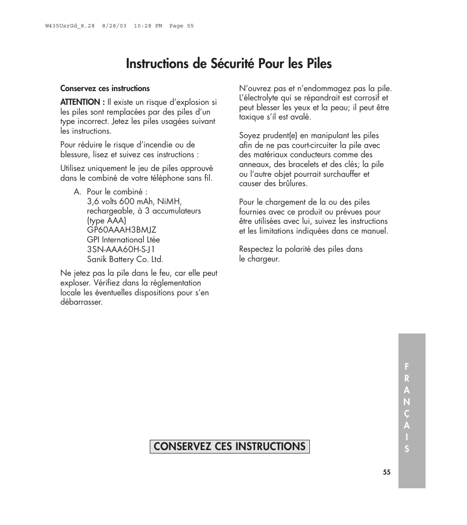 Instructions de sécurité pour les piles, Conservez ces instructions | Clarity 435 User Manual | Page 55 / 76