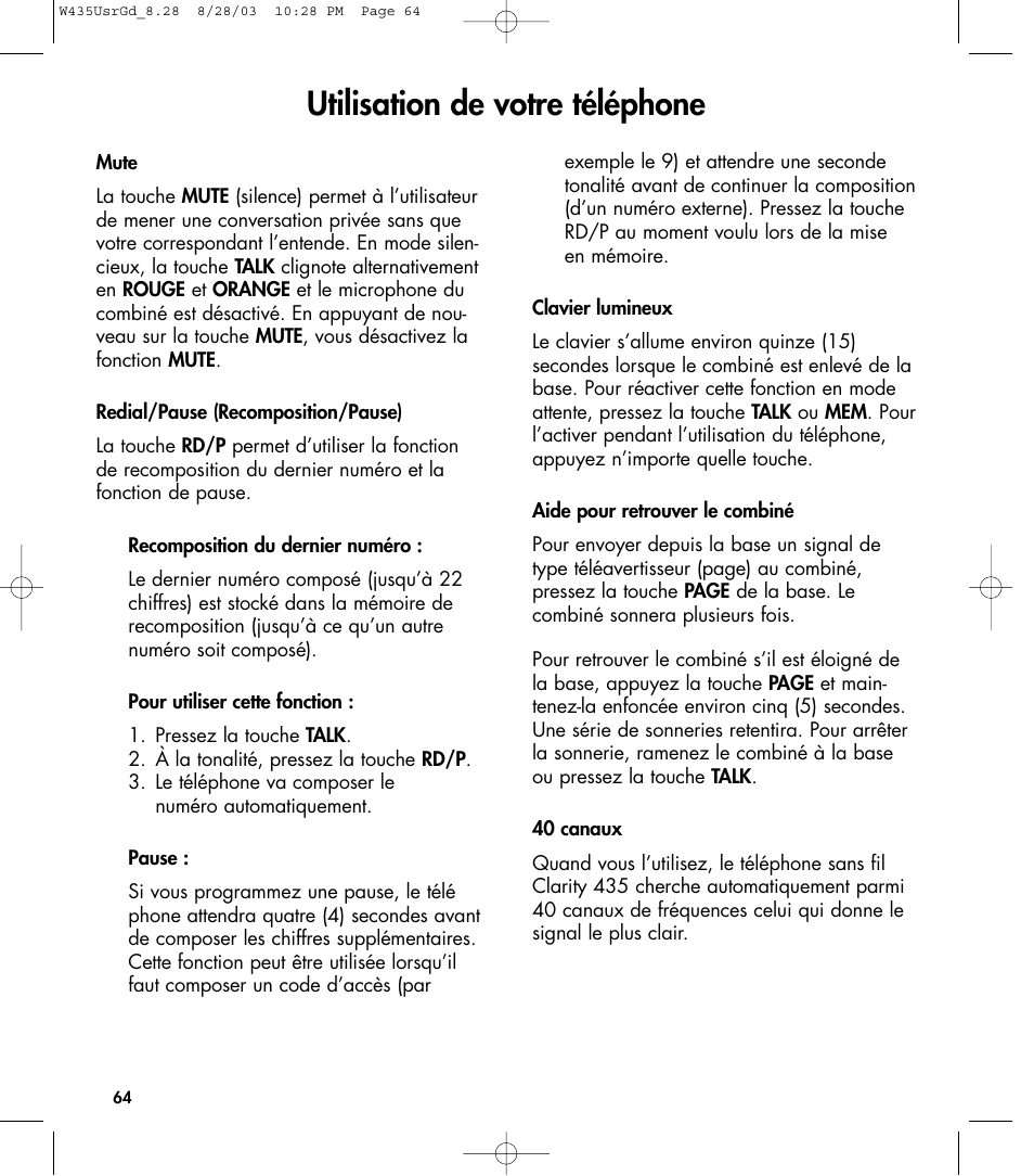 Utilisation de votre téléphone | Clarity 435 User Manual | Page 64 / 76