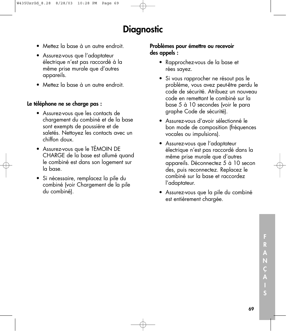 Diagnostic | Clarity 435 User Manual | Page 69 / 76