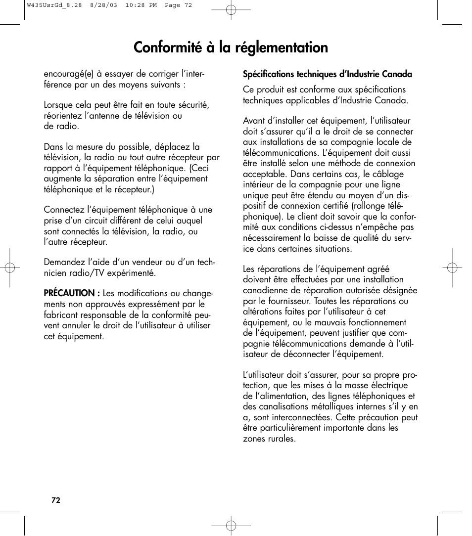 Conformité à la réglementation | Clarity 435 User Manual | Page 72 / 76