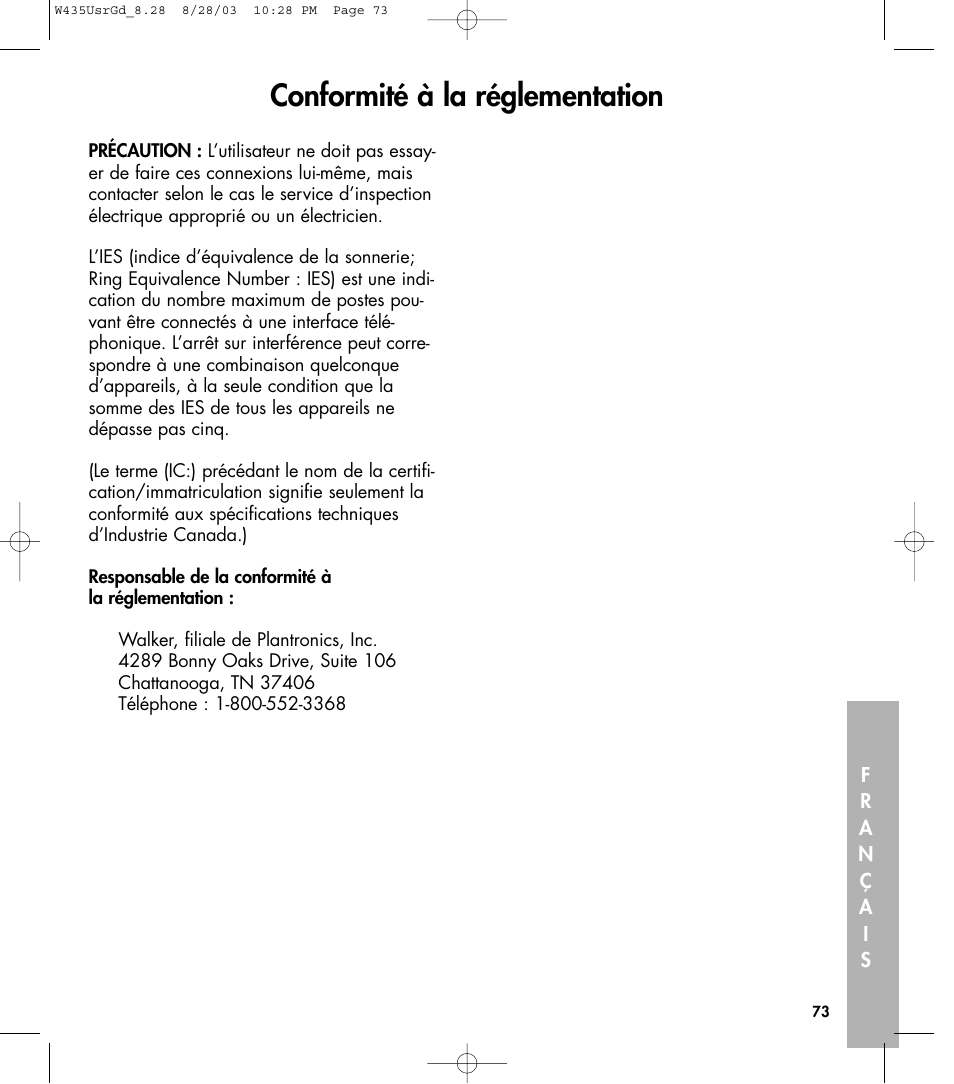 Conformité à la réglementation | Clarity 435 User Manual | Page 73 / 76