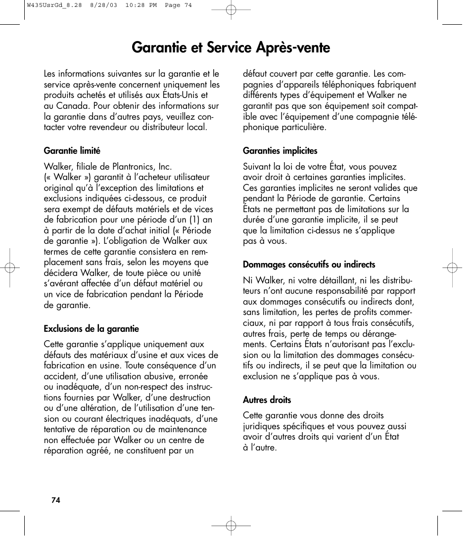 Garantie et service après-vente | Clarity 435 User Manual | Page 74 / 76