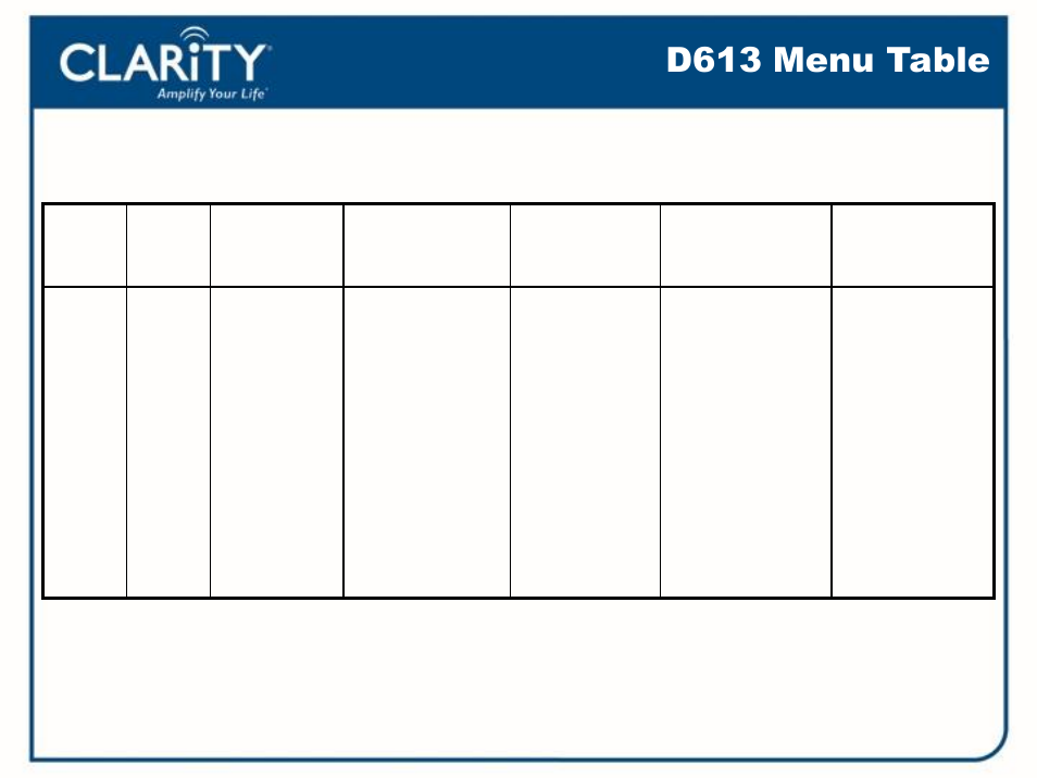 D613 menu table | Clarity D613 User Manual | Page 13 / 16