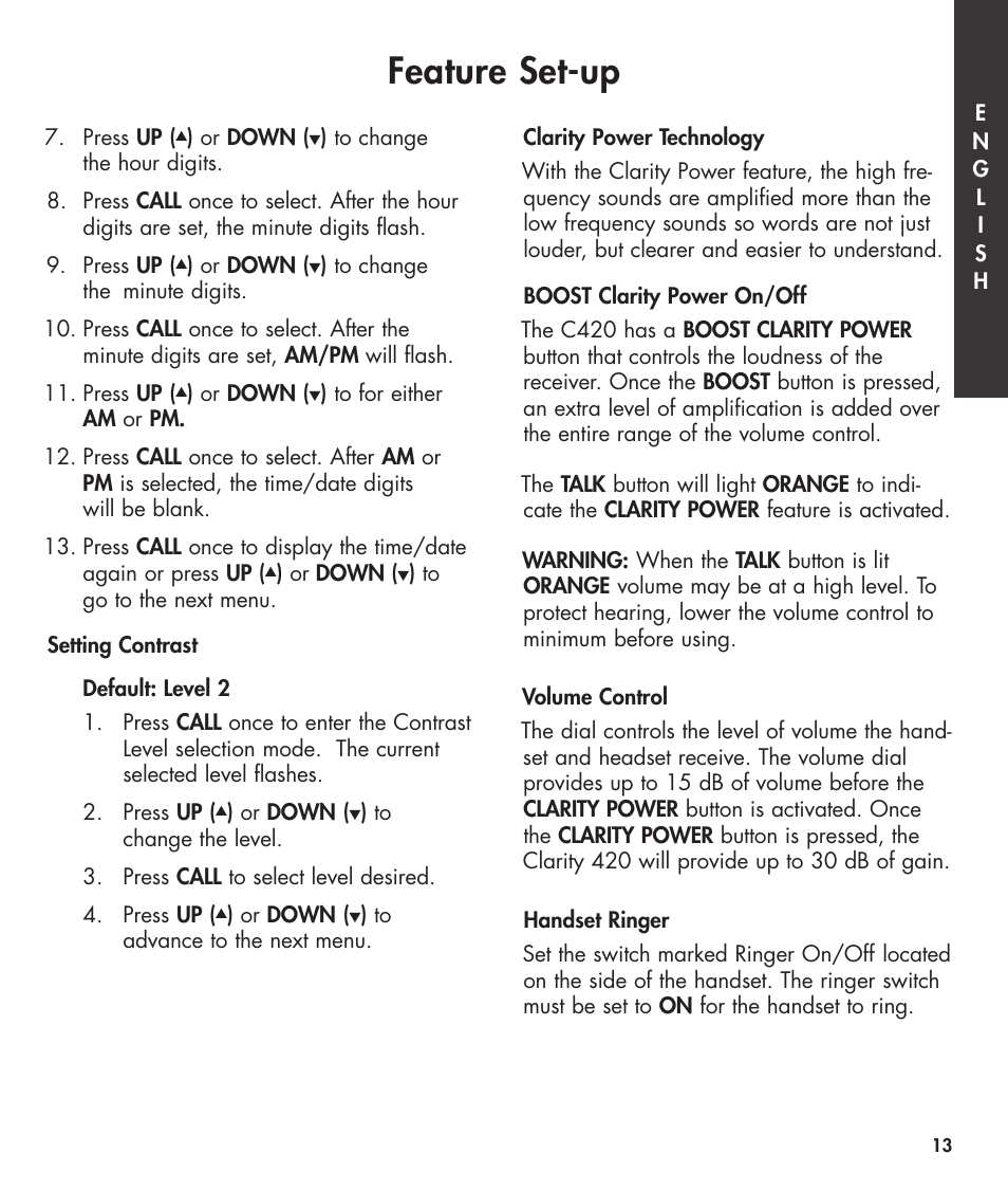 Feature set-up | Clarity 420 User Manual | Page 13 / 92