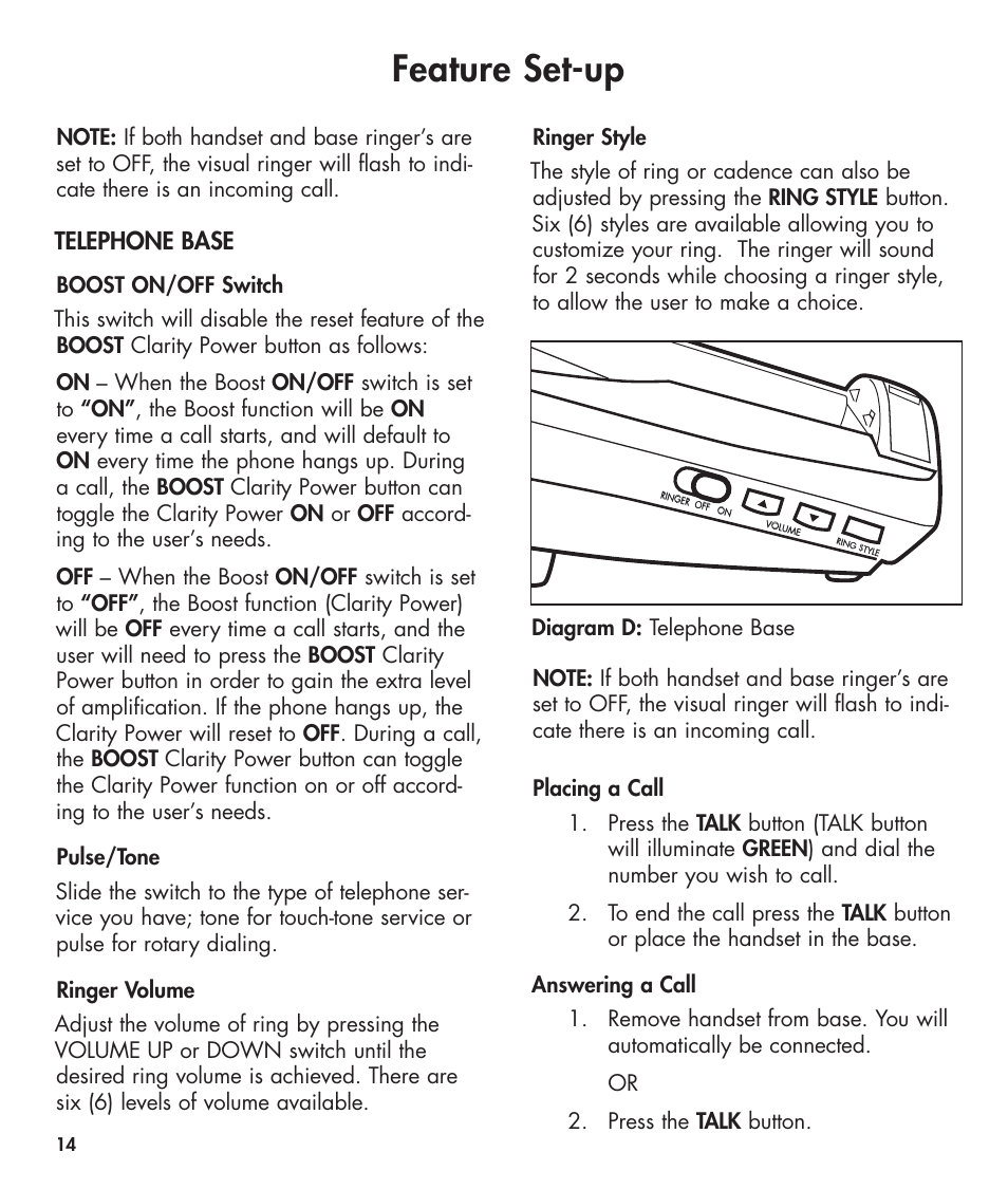 Feature set-up | Clarity 420 User Manual | Page 14 / 92
