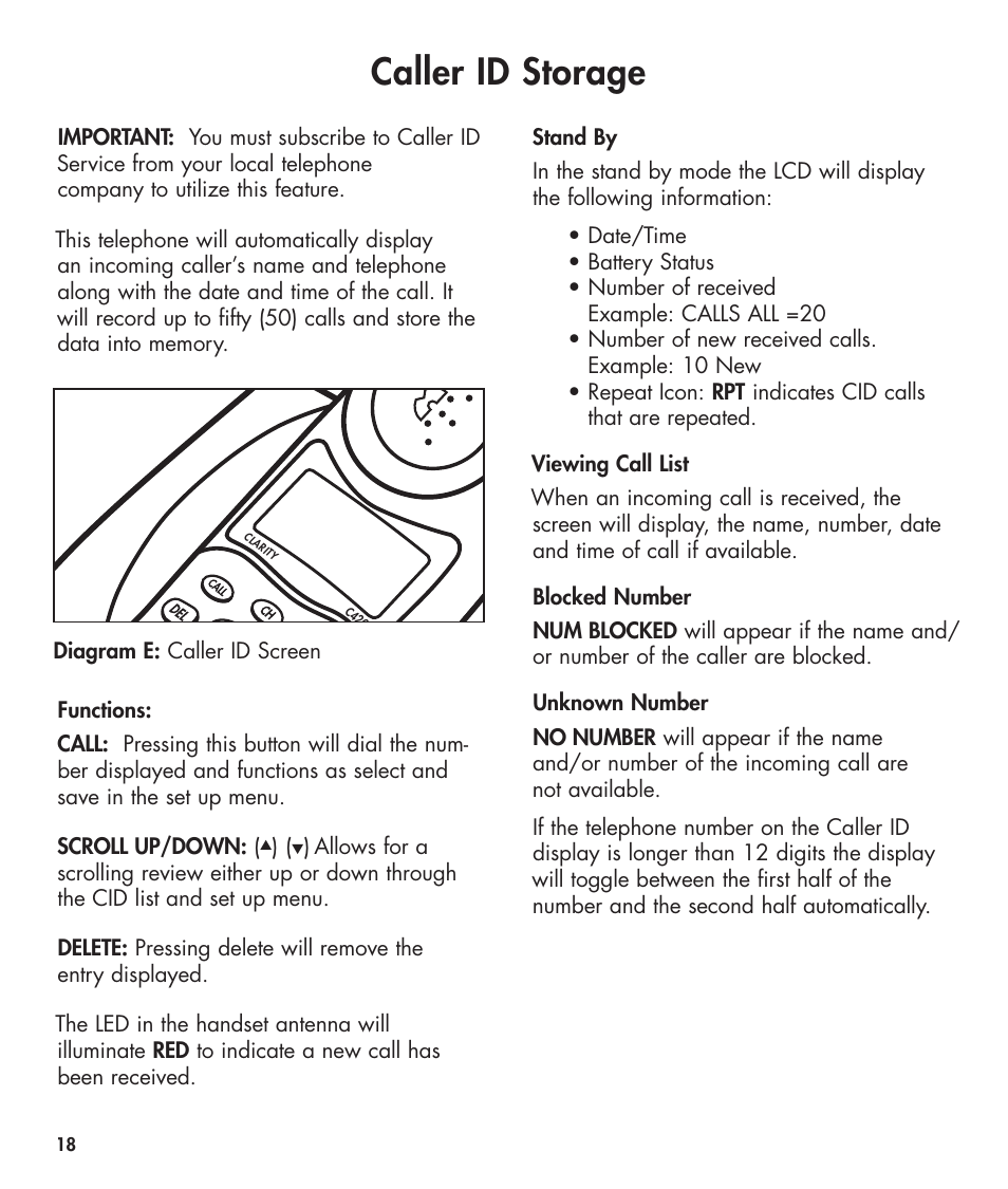 Caller id storage | Clarity 420 User Manual | Page 18 / 92