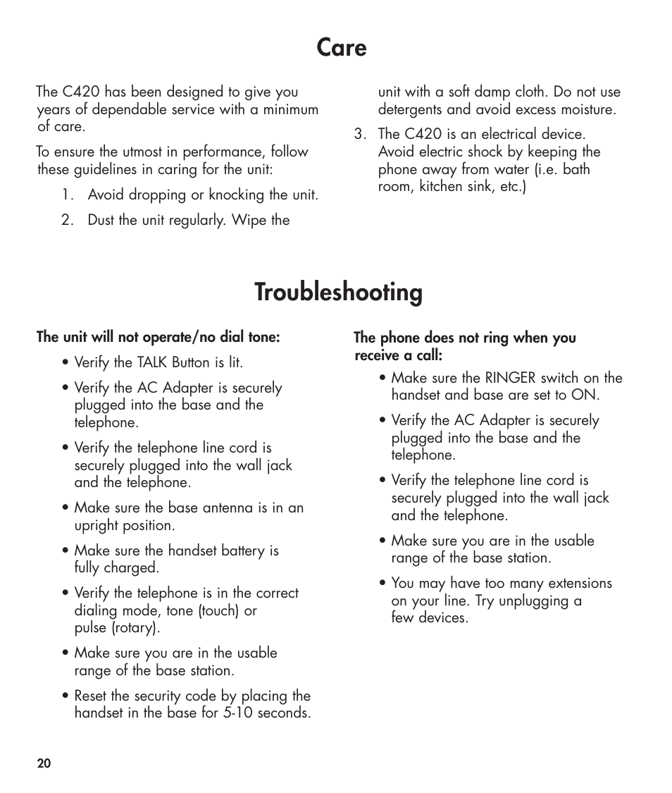 Care, Troubleshooting | Clarity 420 User Manual | Page 20 / 92