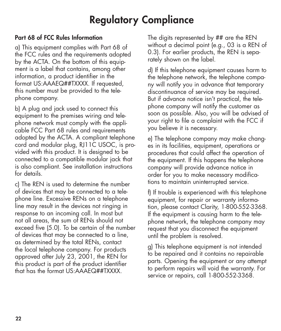 Regulatory compliance | Clarity 420 User Manual | Page 22 / 92