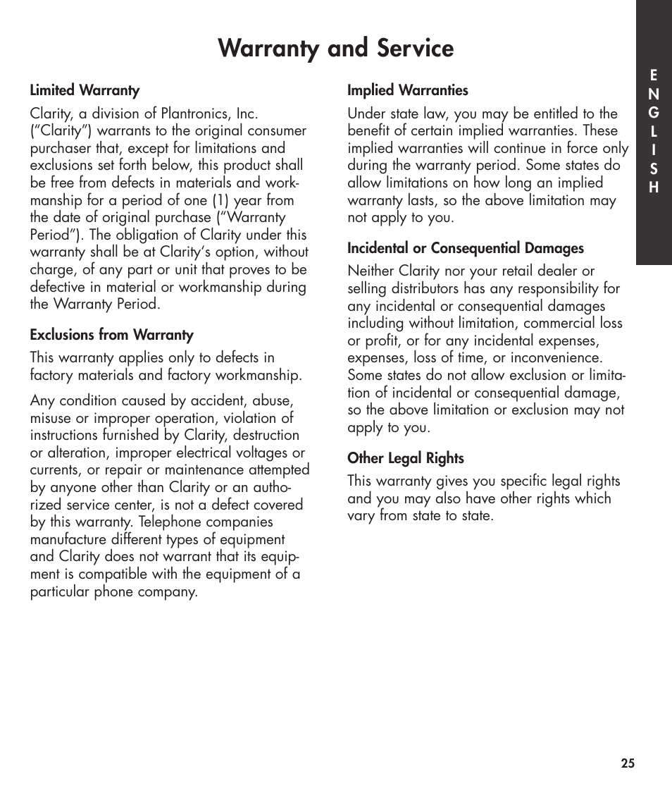 Warranty and service | Clarity 420 User Manual | Page 25 / 92