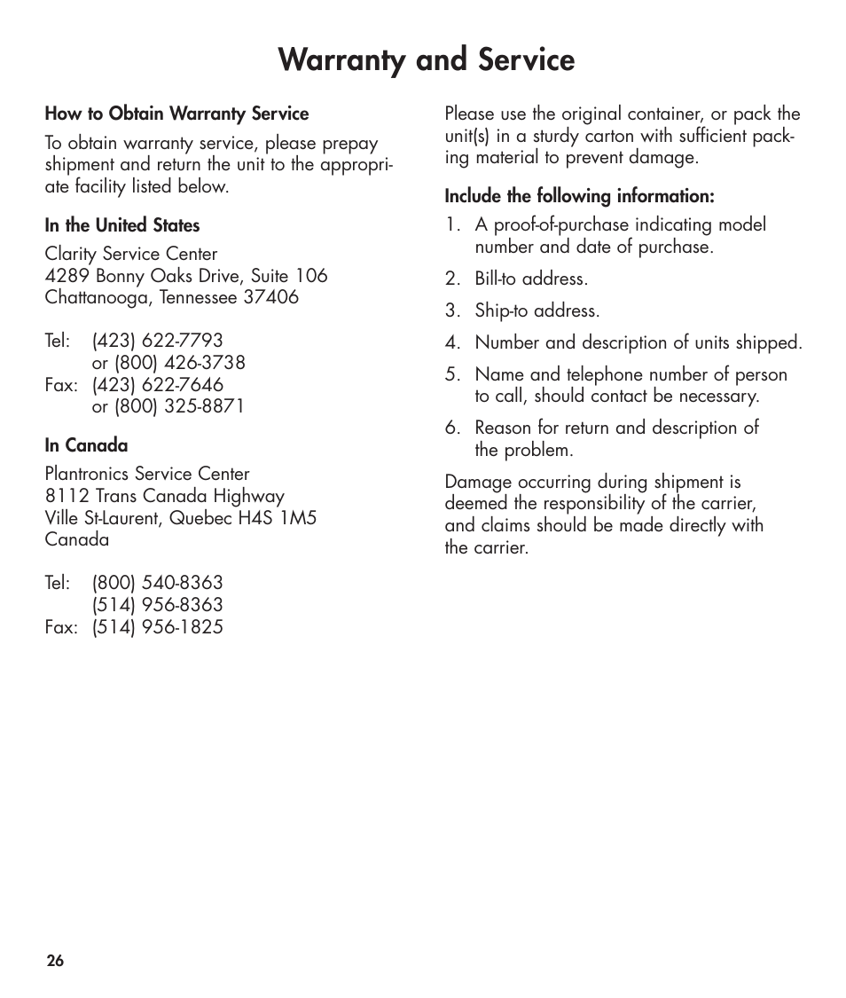 Warranty and service | Clarity 420 User Manual | Page 26 / 92