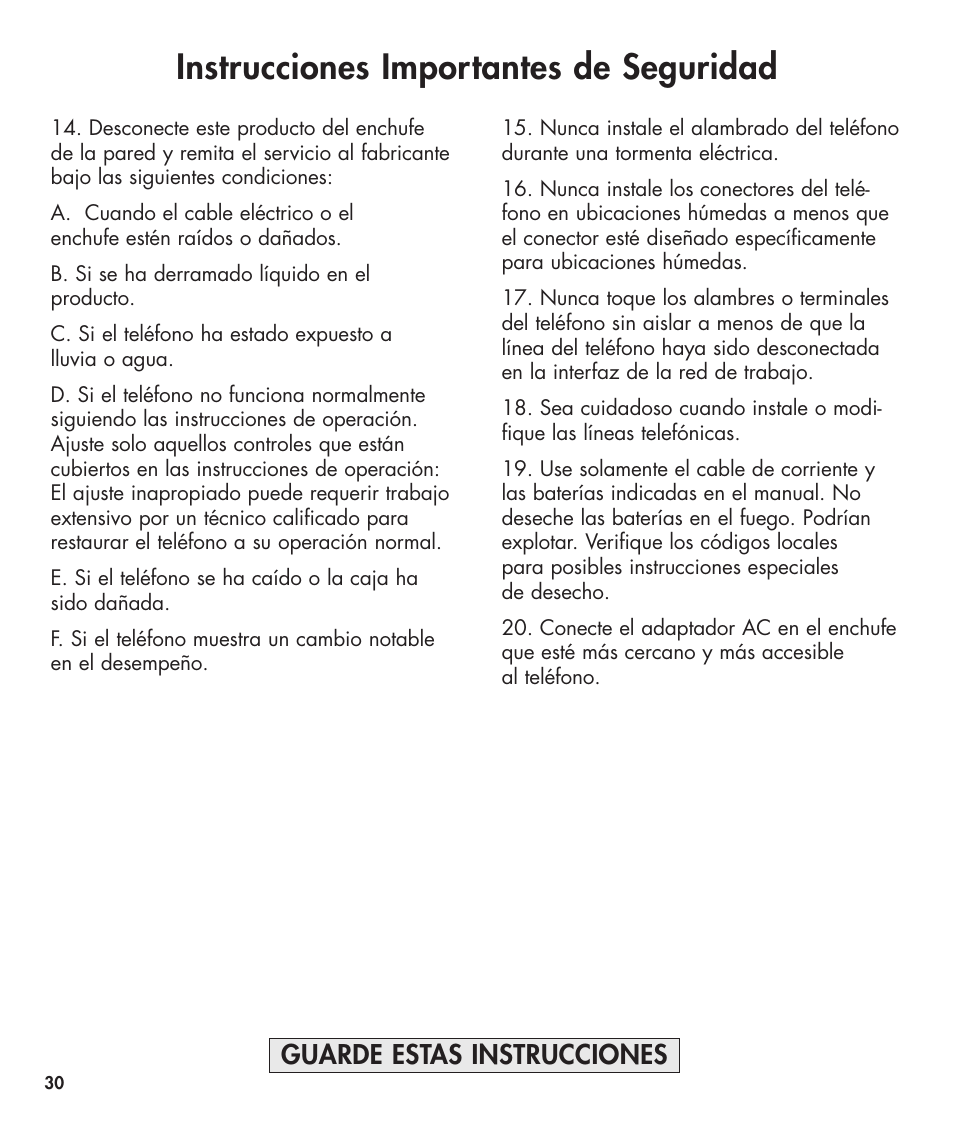 Instrucciones importantes de seguridad, Guarde estas instrucciones | Clarity 420 User Manual | Page 30 / 92