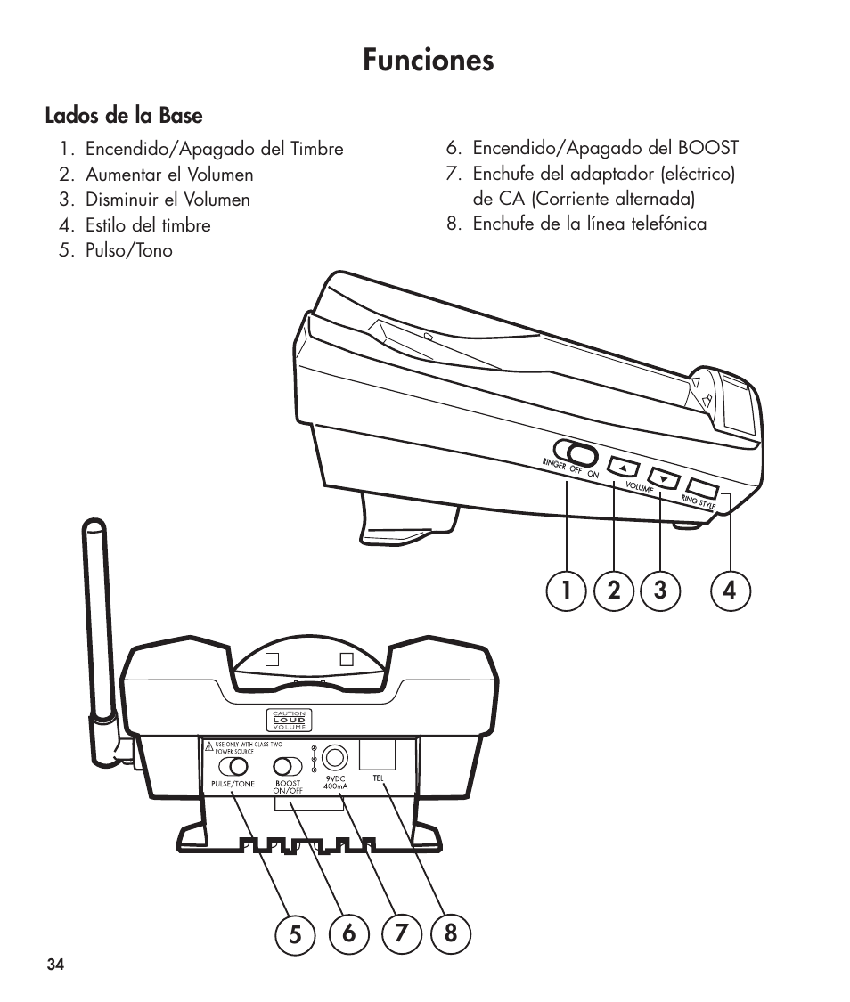 Funciones, Lados de la base | Clarity 420 User Manual | Page 34 / 92
