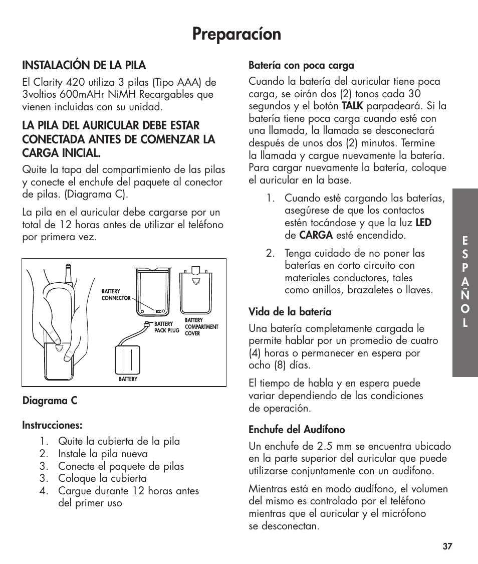 Preparacíon | Clarity 420 User Manual | Page 37 / 92