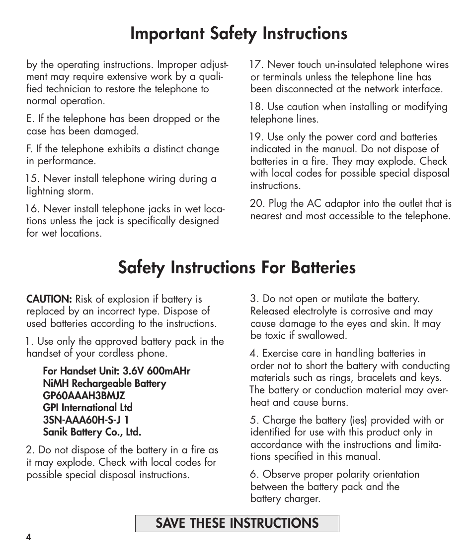 Important safety instructions, Safety instructions for batteries, Save these instructions | Clarity 420 User Manual | Page 4 / 92