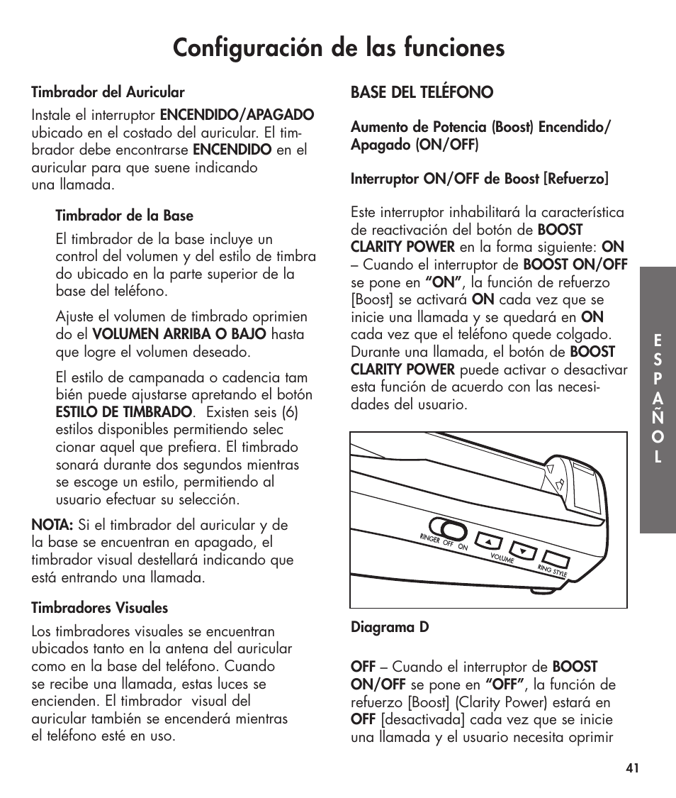 Configuración de las funciones | Clarity 420 User Manual | Page 41 / 92
