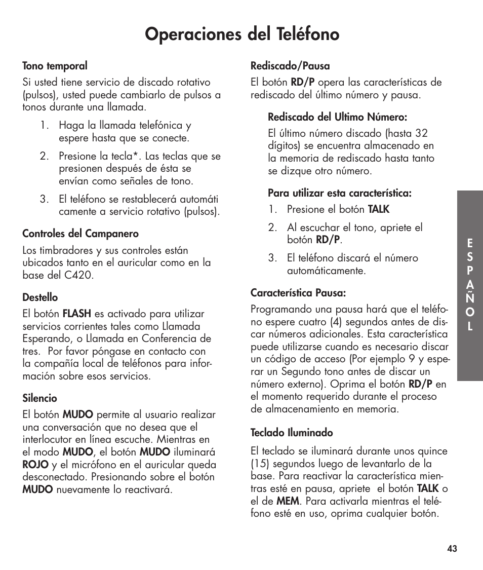 Operaciones del teléfono | Clarity 420 User Manual | Page 43 / 92