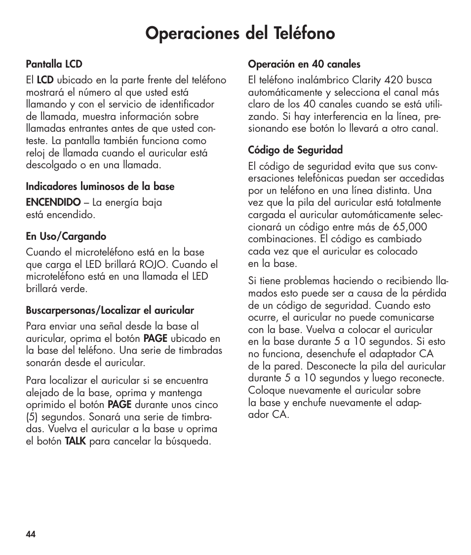 Operaciones del teléfono | Clarity 420 User Manual | Page 44 / 92