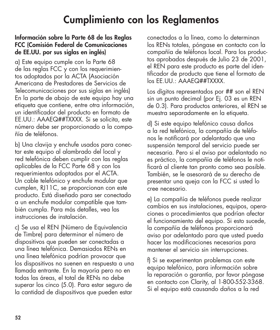 Cumplimiento con los reglamentos | Clarity 420 User Manual | Page 52 / 92
