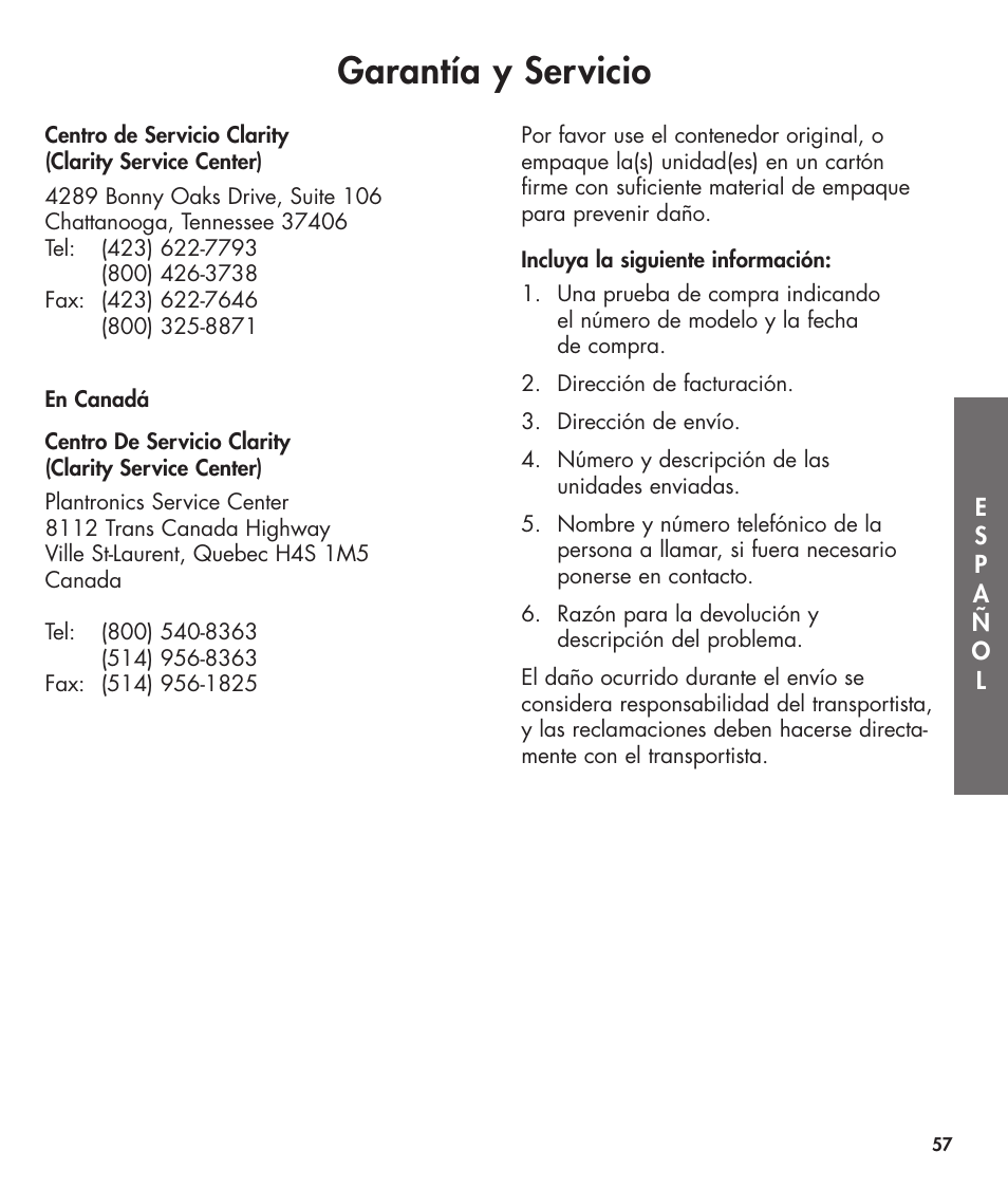 Garantía y servicio | Clarity 420 User Manual | Page 57 / 92