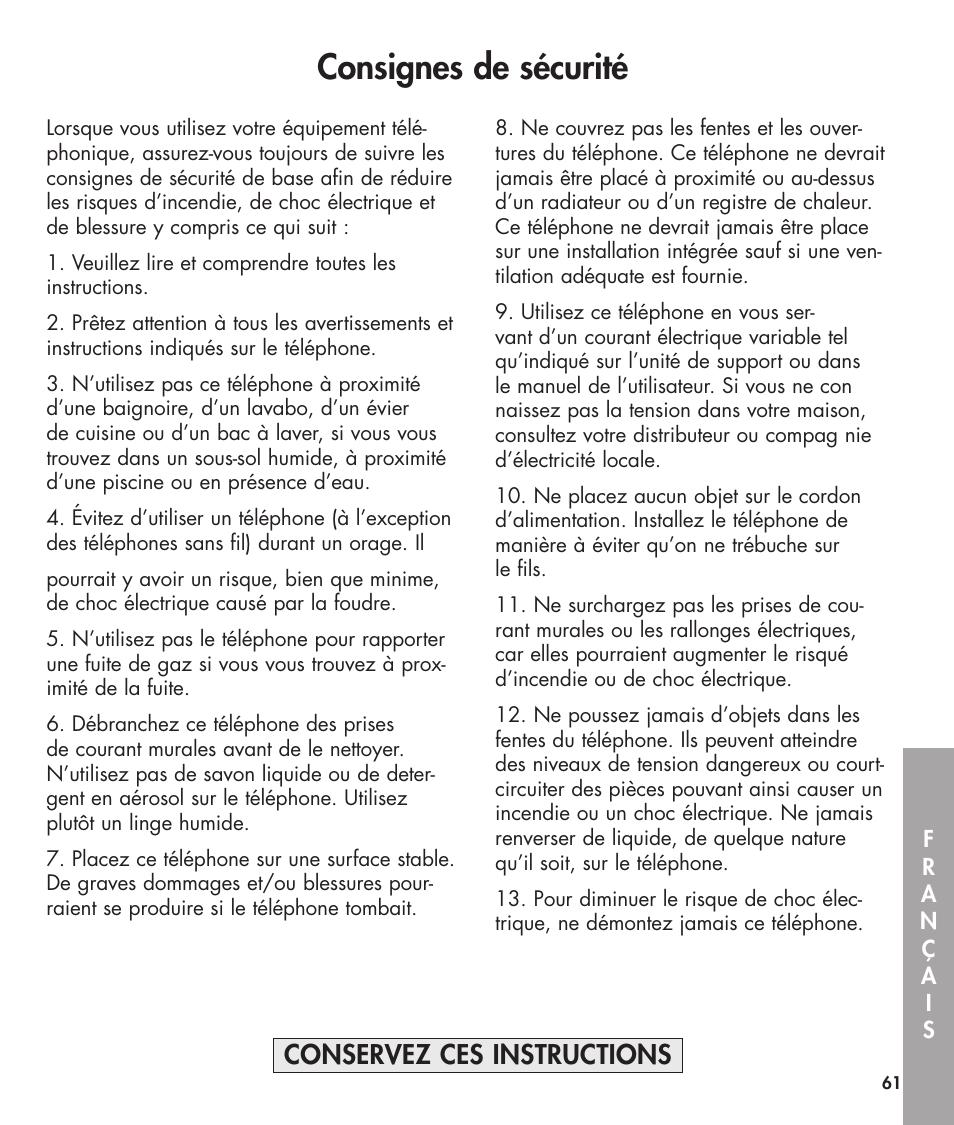 Consignes de sécurité, Conservez ces instructions | Clarity 420 User Manual | Page 61 / 92