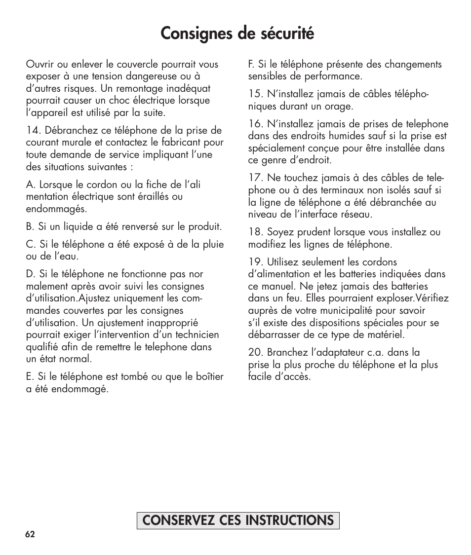 Consignes de sécurité, Conservez ces instructions | Clarity 420 User Manual | Page 62 / 92