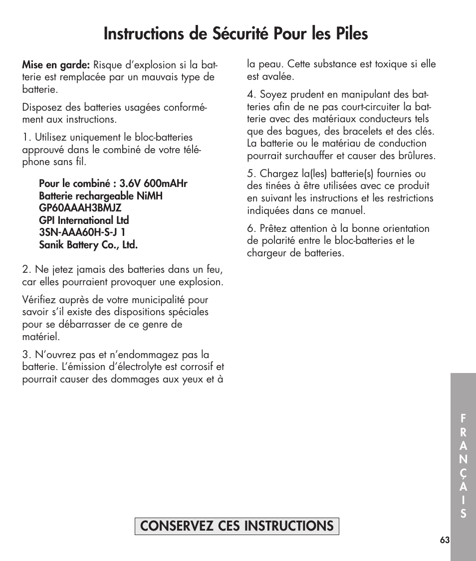 Instructions de sécurité pour les piles, Conservez ces instructions | Clarity 420 User Manual | Page 63 / 92