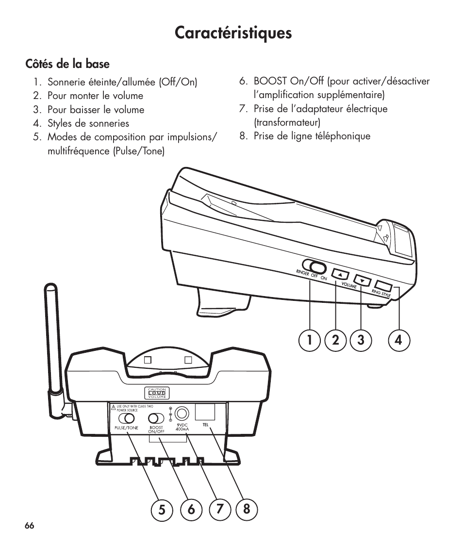 Caractéristiques, Côtés de la base | Clarity 420 User Manual | Page 66 / 92