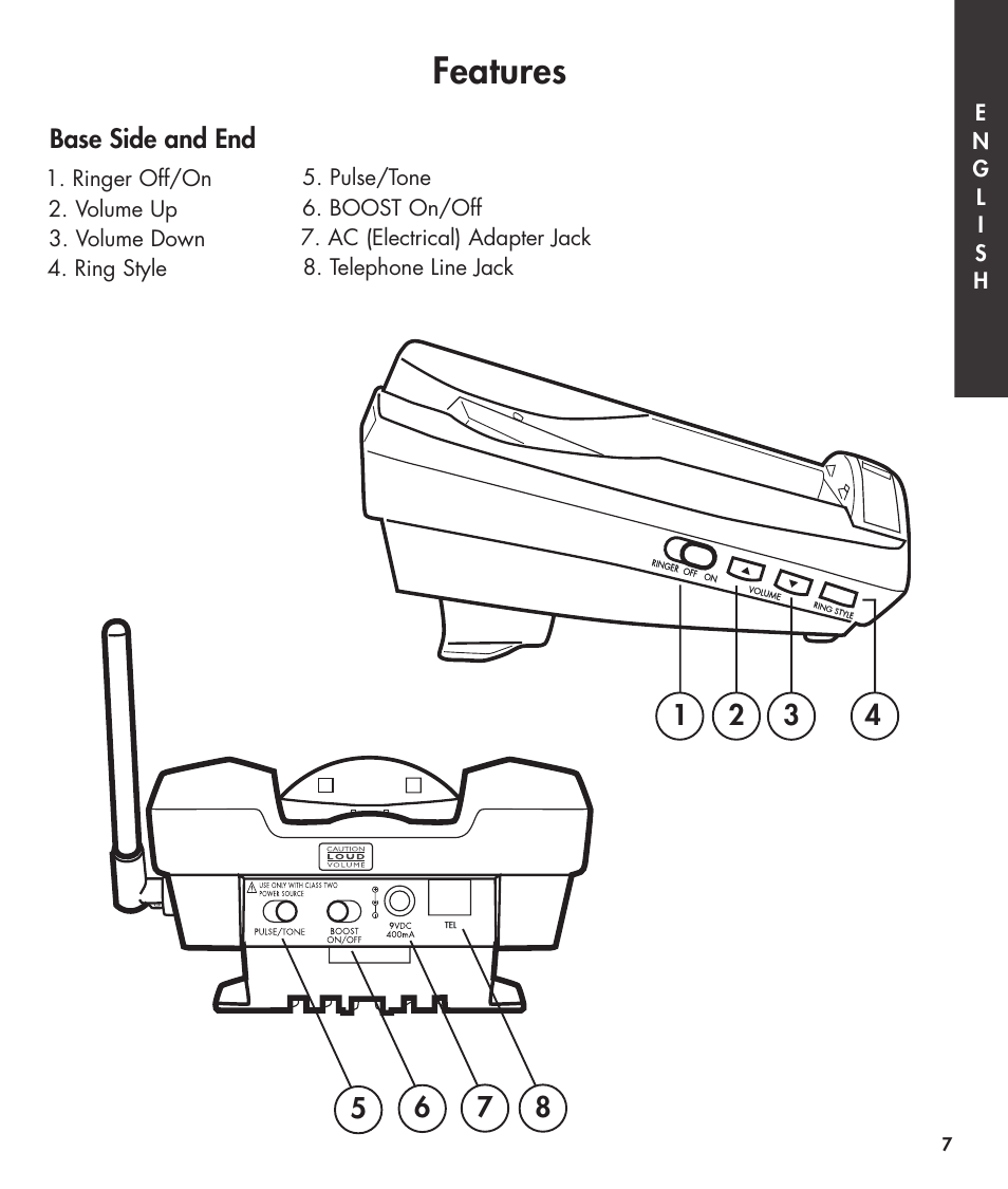 Features, Base side and end | Clarity 420 User Manual | Page 7 / 92