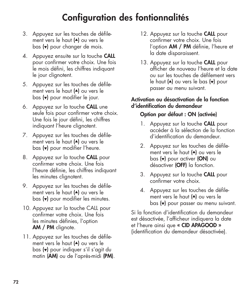Configuration des fontionnalités | Clarity 420 User Manual | Page 72 / 92